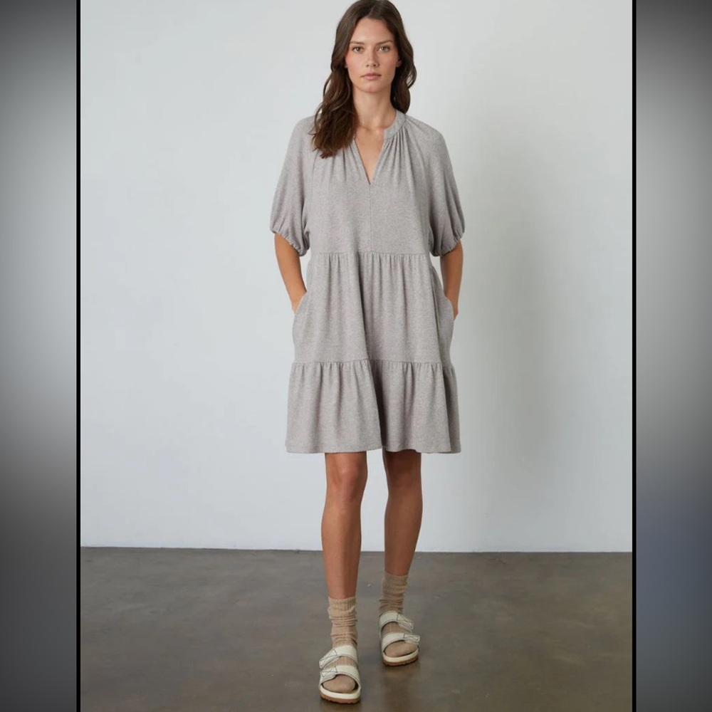 Velvet by Graham & Spencer Light Taupe Tiered V-Neck Mini Dress